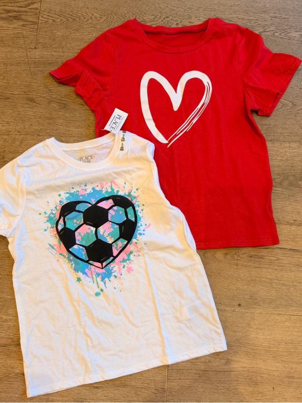 Soccer White Tee with Pink and Aqua Paint Splatter and red heart tee shirt